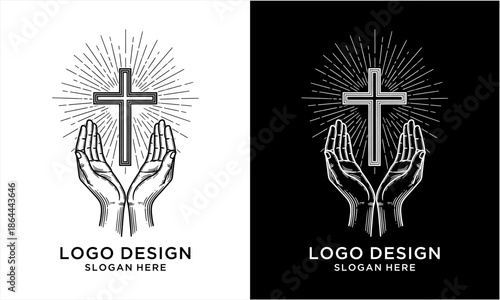 Hands holding a Christian cross with radiating light, vintage style.