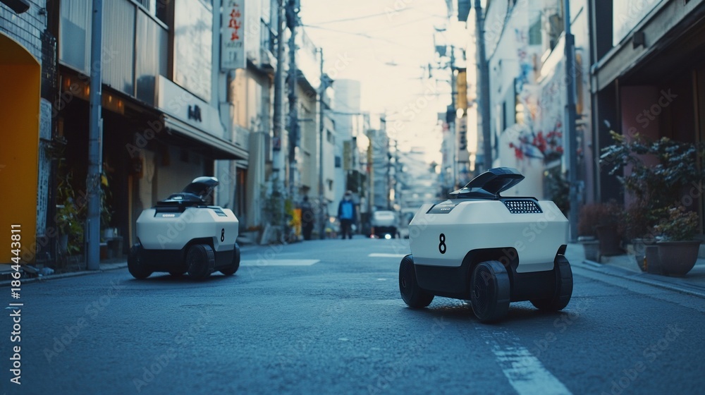 Obraz premium Autonomous Delivery Robots Navigating a Narrow City Street, Embracing Technological Advancement in Urban Logistics