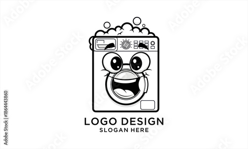 Happy Washing Machine Cartoon Character with Bubbles and Glasses.
