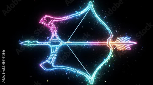A neon tridant shape glows against a black background