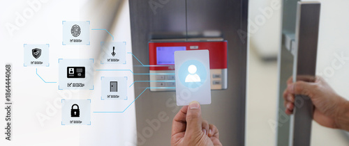 Photos Hand with scanning proximity ID card on reader access control system icons for security door unlock with identity or verification identify icons for safety detect fingerprint scan or check attendance