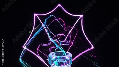 Abstract neon light structure on a transparent cylindrical vessel