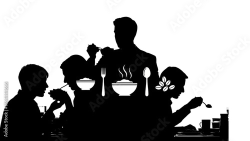Silhouettes of people eating at a table, with overlaid icons of bowls, spoons, and forks, representing a dining experience.