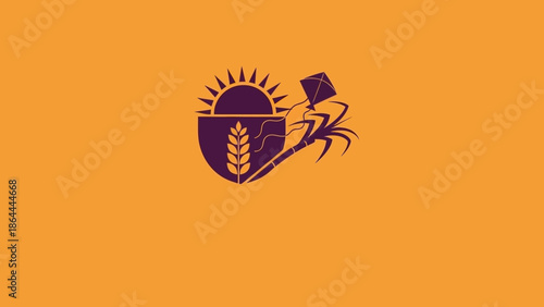 Stylized purple emblem on an orange background featuring a sun, wheat stalk, flying kite, and an insect creature.