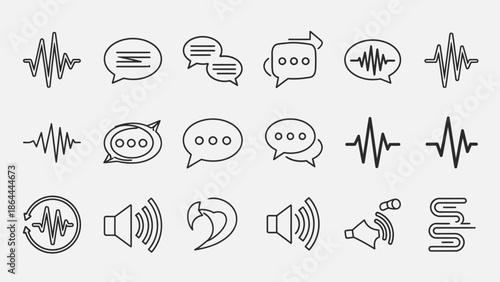 A collection of black and white line icons representing sound waves, speech bubbles, and audio communication symbols.