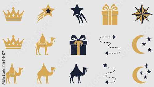 A collection of gold and dark blue icons depicting crowns, camels, stars, gifts, and moon, representing Epiphany or Three Kings' Day.