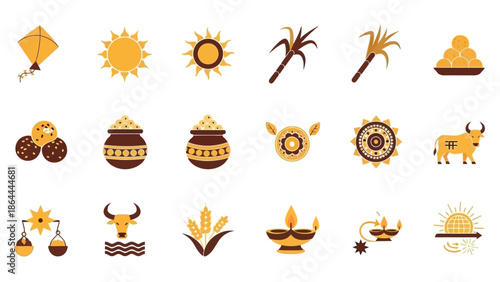 A collection of flat design icons representing various elements of Indian harvest festivals like Pongal and Makar Sankranti, including kites, sun, sugarcane, sweets, pots, bulls, and lamps.