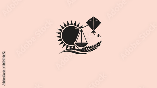 Stylized emblem featuring a sun, balance scale, kite, and wheat stalk on a light background, representing themes of justice, harvest, and freedom.