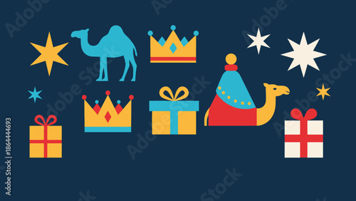 Colorful flat vector illustration of Three Kings Day elements including camels, crowns, stars, and gift boxes on a dark blue background.