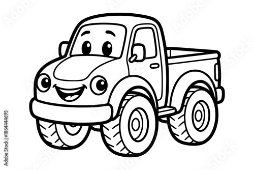 A cute cartoon truck with a smiling face and rounded body. Kids coloring book with simple line art to support creativity, motor skills, and early childhood learning.