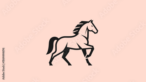 Stylized black outline illustration of a horse in a walking pose on a light pink background.