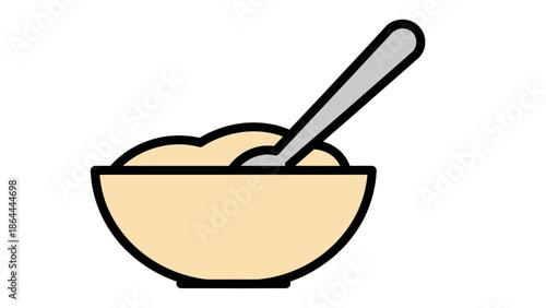 A simple cartoon illustration of a beige bowl filled with food and a spoon resting inside.