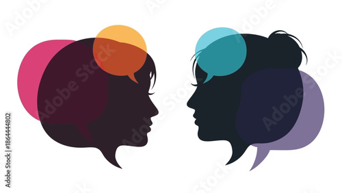 Two silhouetted human profiles facing each other with colorful overlapping speech bubbles representing communication and dialogue.