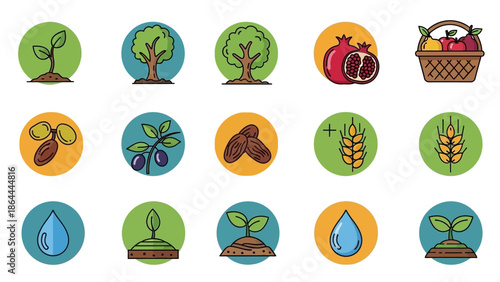 Collection of nature, agriculture, and plant-related icons including sprouts, trees, fruits, seeds, wheat, and water drops.