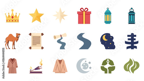 A collection of flat design icons depicting elements of ancient Middle Eastern culture, religion, and desert travel, including crowns, stars, camels, scrolls, lanterns, and traditional garments.
