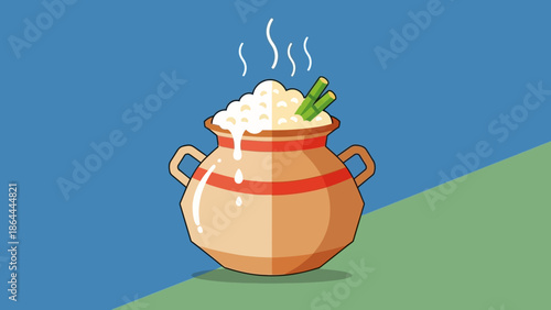 Illustration of a traditional clay pot filled with steaming rice and sugarcane sticks, symbolizing the Pongal harvest festival.