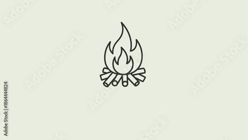 Simple black outline icon of a campfire with logs and flames on a light beige background, representing warmth and outdoor activities.