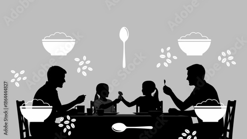 Silhouette illustration of a family enjoying a meal together at a table with bowls of food and spoons, depicting a shared dining experience.