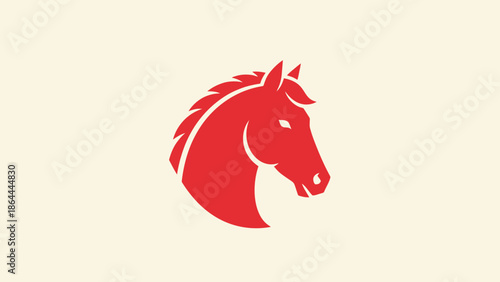 A minimalist graphic illustration of a red horse head in profile on a light cream background, symbolizing strength and elegance.