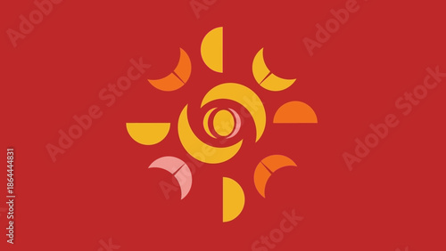 Abstract graphic design featuring a stylized sun or flower motif with crescent shapes in warm colors on a vibrant red background.