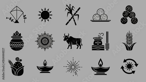 Collection of black silhouette icons representing Indian harvest festivals, featuring kites, sun, sugarcane, sweets, pots, cattle, and traditional lamps.