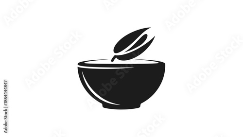 Minimalist black and white illustration of a bowl with a single leaf, symbolizing natural ingredients, health, and organic food preparation.