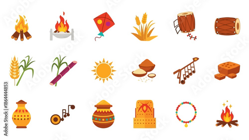 A collection of flat design icons representing elements of an Indian harvest festival celebration, including bonfires, kites, grains, drums, and traditional items.