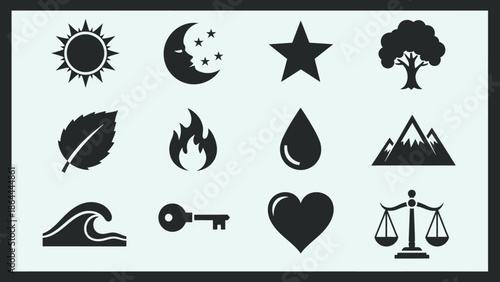 Essential Element Glyph Icons – Celestial, Fire, Water & Love Symbols in Clean Monochrome Vector Style