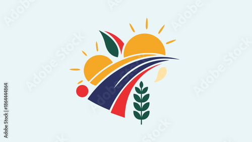 A vibrant, stylized logo depicting agricultural themes with suns, a road, green leaves, and a wheat stalk, symbolizing growth and prosperity.