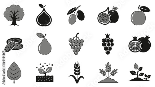 Collection of black and white icons depicting various fruits, trees, plants, and agricultural elements.