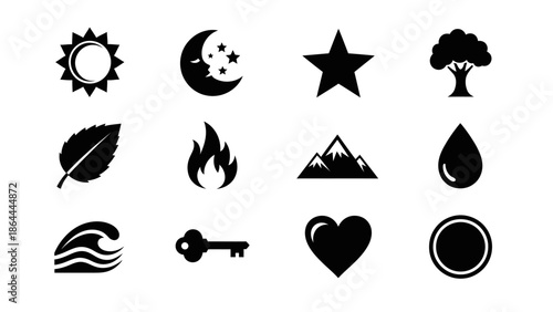 Collection of black silhouette icons representing natural elements, symbols, and common objects on a white background.