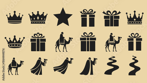 Black silhouettes of crowns, stars, gift boxes, wise men on camels, and winding paths, representing the Three Kings and Epiphany.
