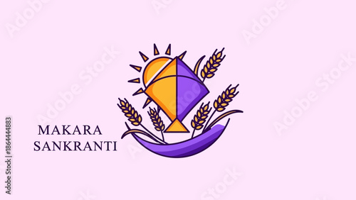 Stylized logo for Makara Sankranti festival featuring a sun, a kite, and wheat stalks in purple and yellow on a light background.