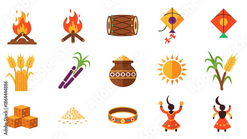 A collection of flat design icons representing various elements and traditions of Indian harvest festivals like Lohri, Makar Sankranti, and Pongal.