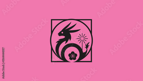 A stylized black dragon emblem with a plum blossom and a star-like flower inside a circular frame, set against a vibrant pink background.