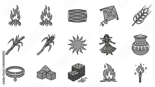 A collection of monochrome icons representing various elements of a traditional harvest festival, including bonfires, drums, kites, wheat, sugarcane, sun, dancer, pot, jewelry, and jaggery.