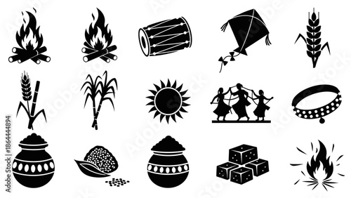 A collection of black and white icons representing elements of Indian harvest festivals like Lohri, Pongal, and Makar Sankranti, including bonfires, kites, drums, sugarcane, and traditional pots.