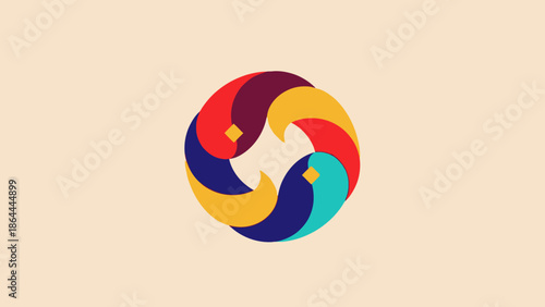 A colorful circular logo featuring four stylized birds in an interlocking, rotating pattern on a light background.