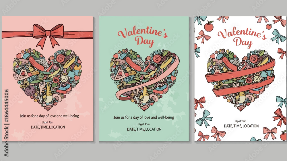 Naklejka premium Three hand-drawn Valentine's Day card designs featuring hearts filled with various doodle elements and decorative ribbons on pink, green, and white backgrounds, with text placeholders.