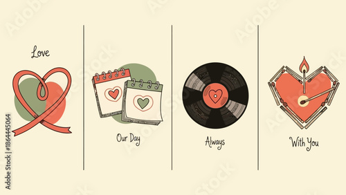 A set of four hand-drawn illustrations depicting various symbols of love and romance, including a ribbon heart, calendar dates, a vinyl record, and a matchstick heart, with romantic captions.