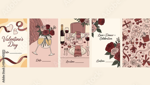 Five elegant Valentine's Day cards with romantic illustrations.