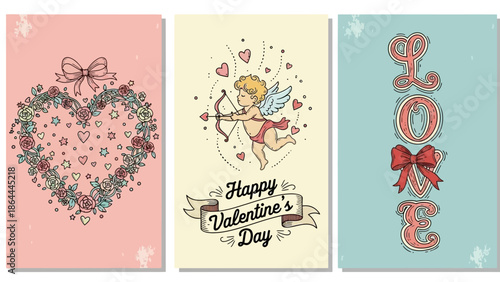 Three vintage Valentine's Day cards featuring a floral heart wreath, a cupid, and the word LOVE, all in a charming retro style.