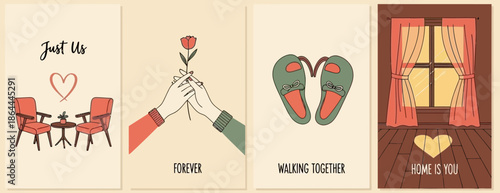 A collection of four minimalist illustrations depicting themes of love, romance, togetherness, and home, featuring couples, roses, slippers, and cozy interiors.