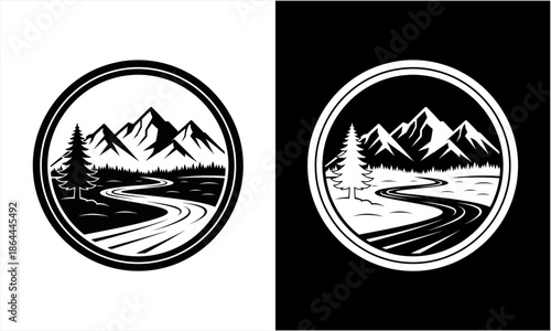 Mountain road landscape with pine trees in a circular emblem.