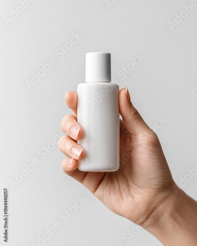 A hand holding a small, plain white plastic bottle with a white cap against a clean background, ideal for product mockups.