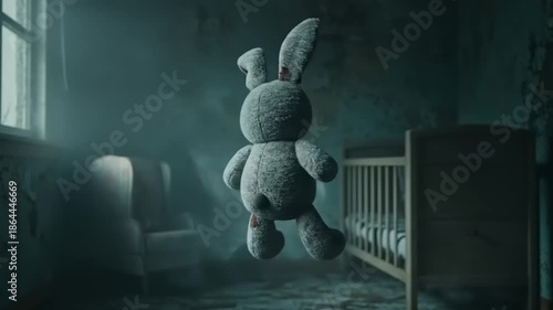 Haunted Nursery with Floating Bunny Toy and Eerie Atmosphere.