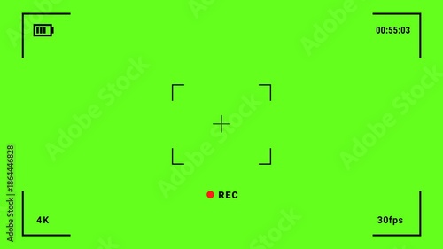 4K recording screen overlay green screen with camera viewfinder and REC indicator. Perfect for chroma key editing, video production, broadcast graphics, and digital screen capture projects.