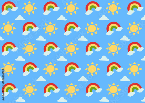 seamless pattern with rainbow, sun, and clouds with blue background cartoon