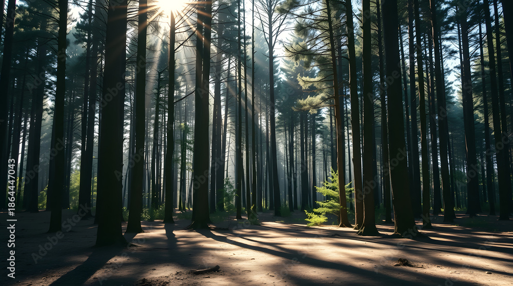 Fototapeta premium Sunlight Filtering Through Trees onto Quiet Forest Floor