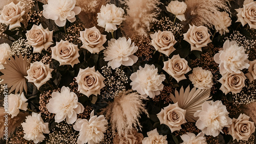 Elegant floral arrangement featuring roses and peonies creating a soft, romantic ambiance for a wedding or special event, exuding sophistication and grace.